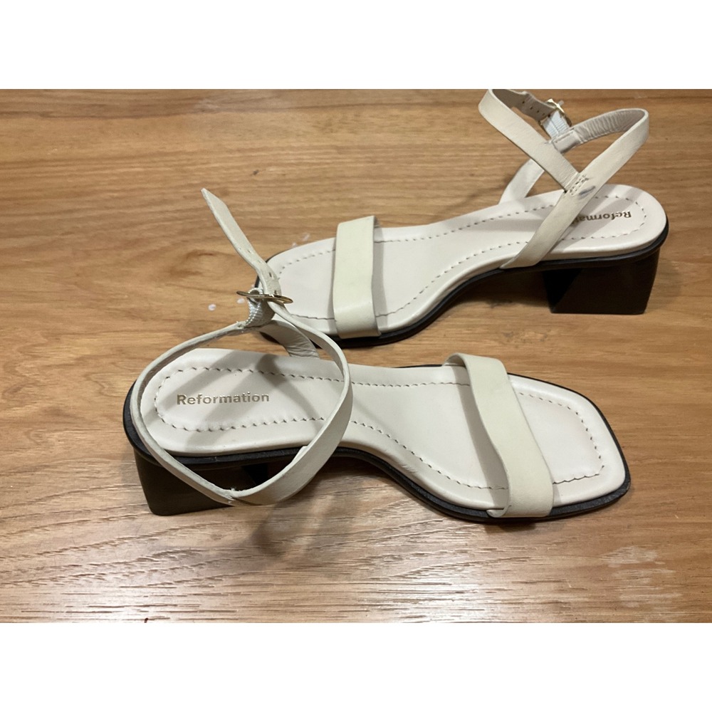 Reformation Cream Leather Square Toe Block Heel Sandals Size 6 Made in Brazil